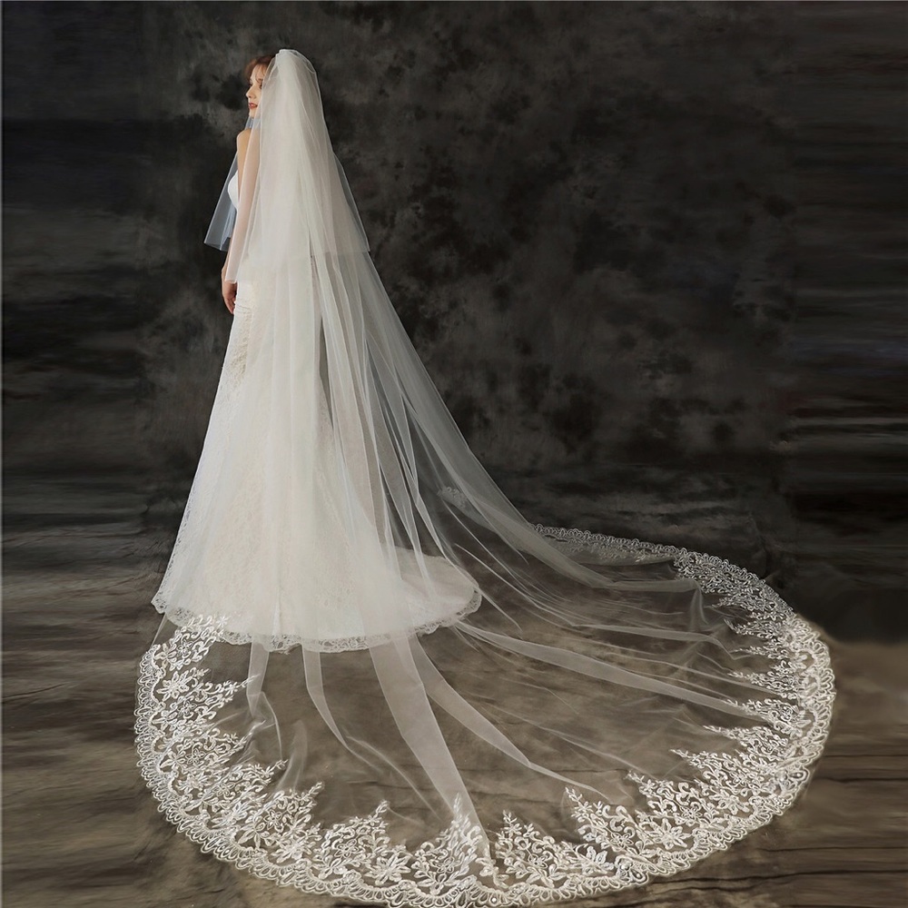 Elegant White Lace Wedding Veil with Long Cathedral Train